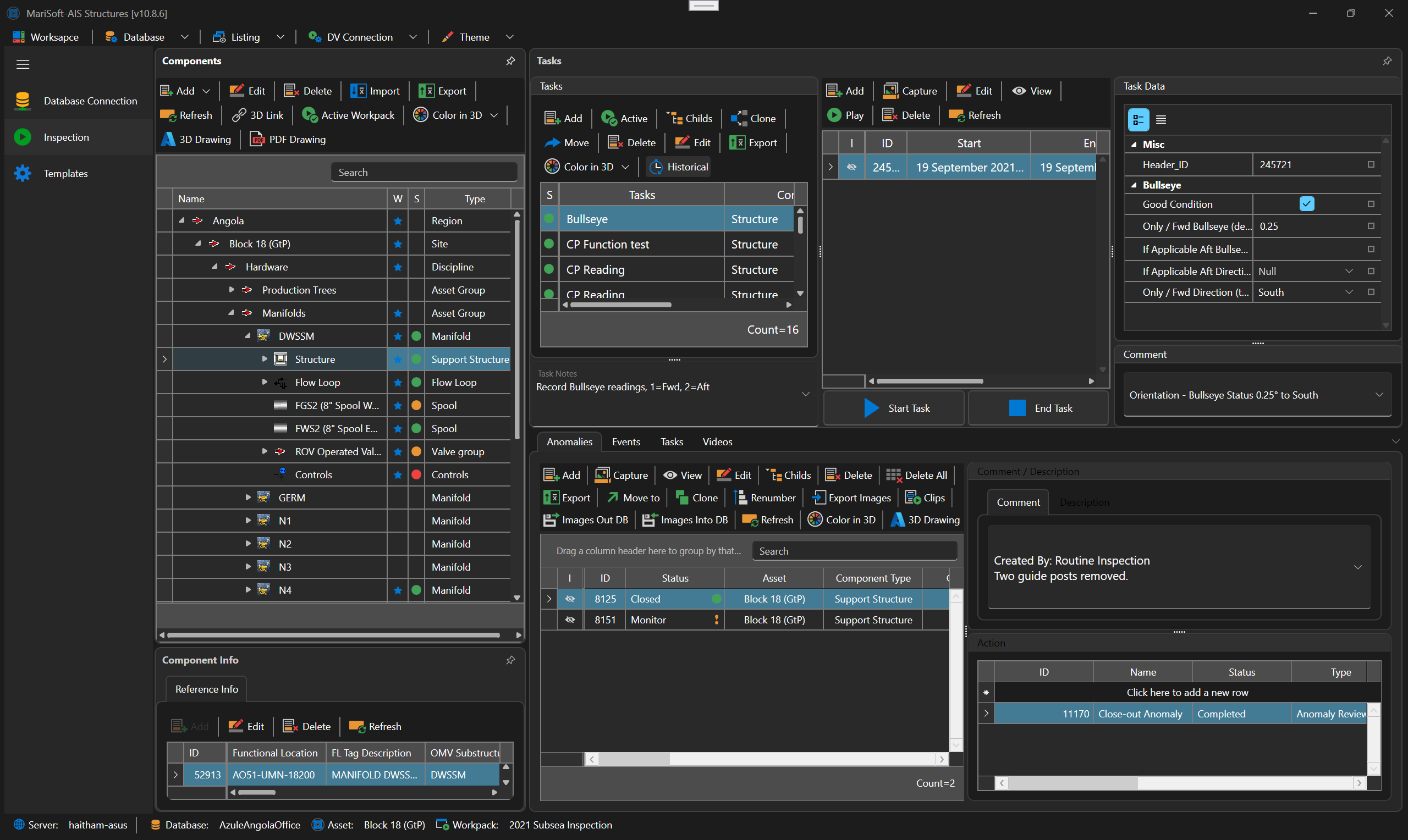 MariSoft AIS Structures workspace showing components, inspection tasks, anomalies and task data