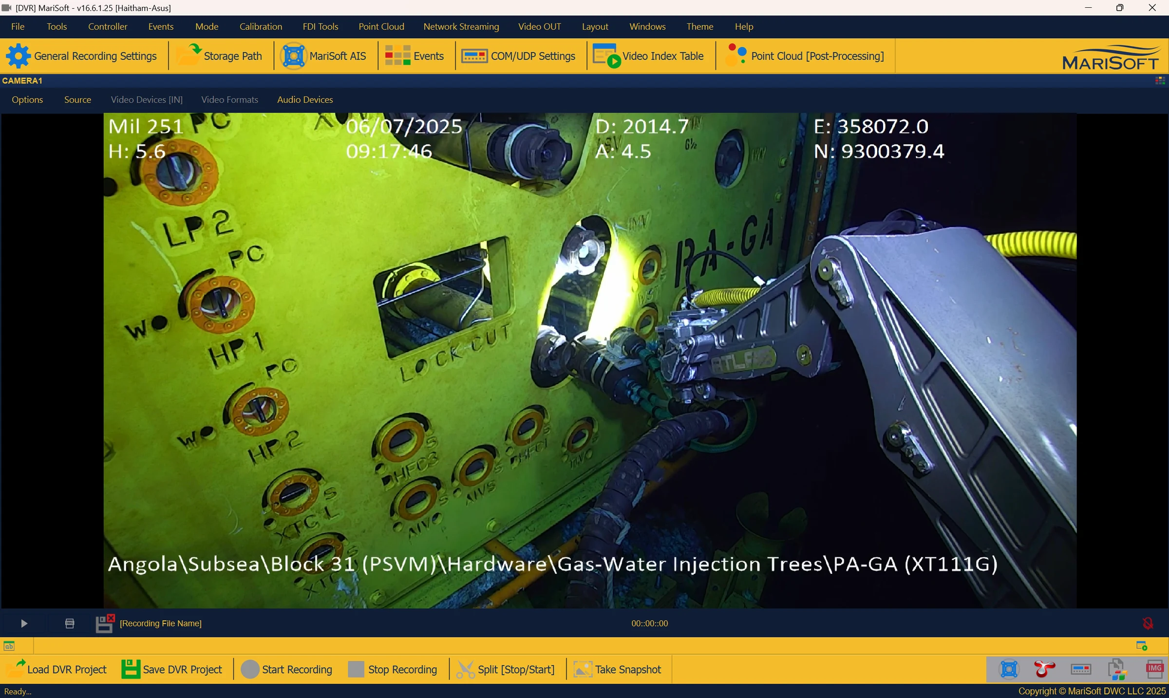 MariSoft DVR interface showing subsea inspection video, recording controls, events, streaming and project tools